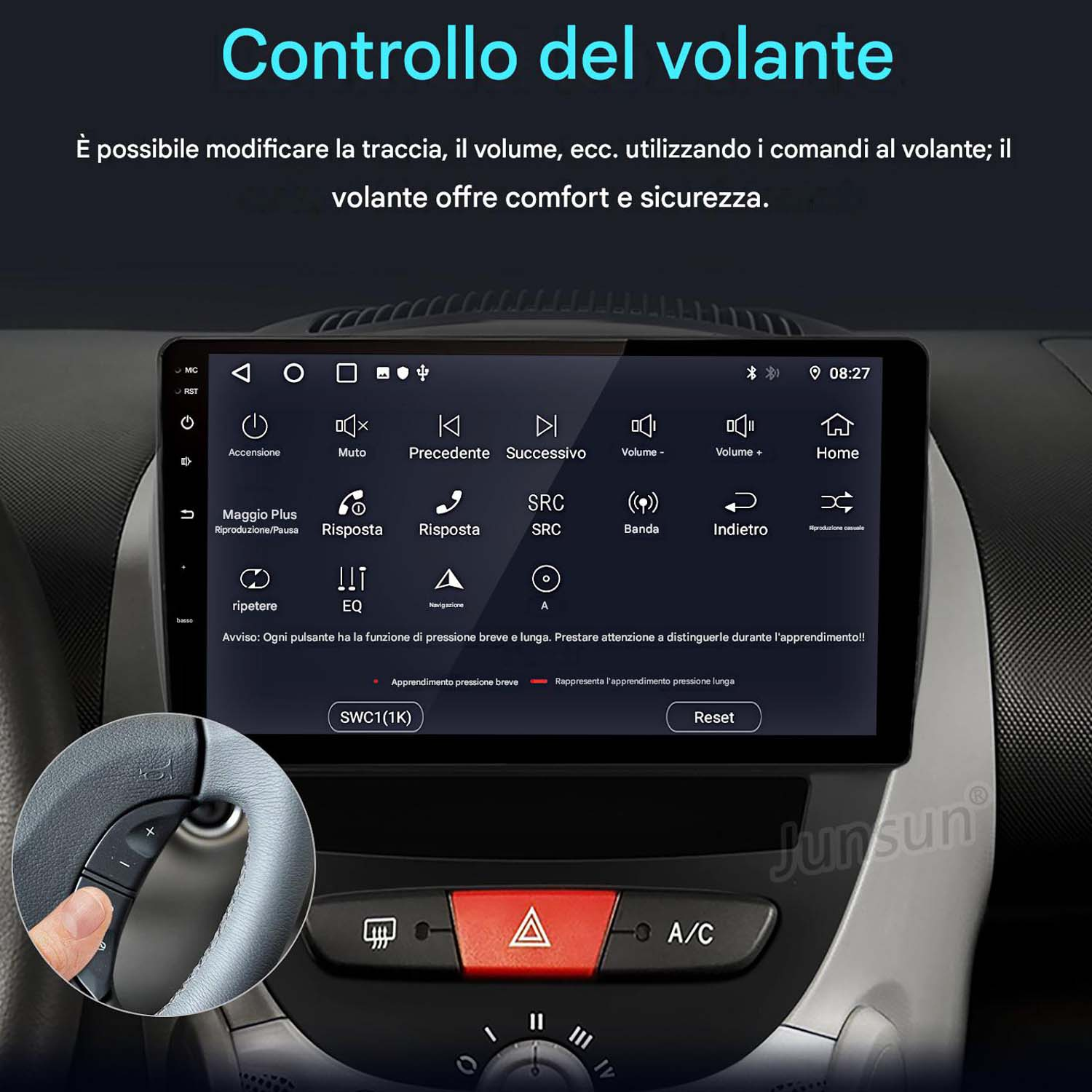 Il touchscreen di un'auto mostra le impostazioni dei comandi al volante con icone e testo.