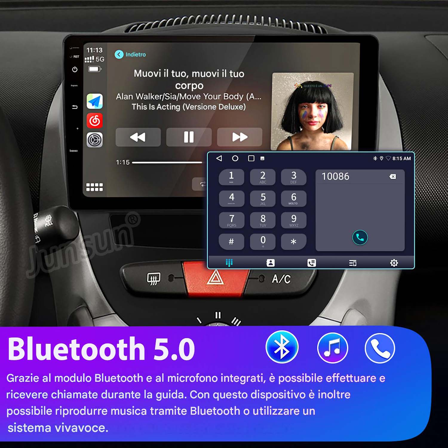 Un sistema di infotainment per auto mostra la riproduzione musicale e una tastiera. Sotto c'è scritto 'Bluetooth 5.0'.