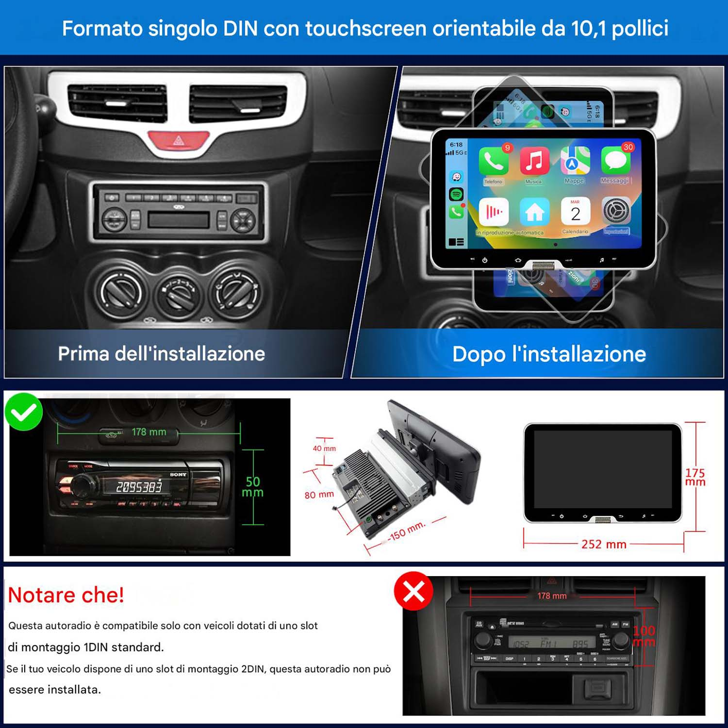 Confronto autoradio prima e dopo installazione display touchscreen.