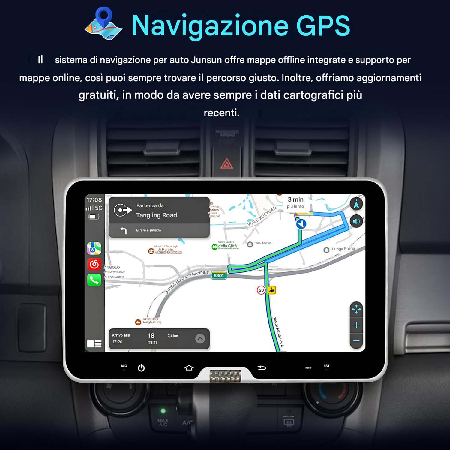 Un sistema di navigazione per auto mostra una mappa con pianificazione percorso, traffico e dettagli.