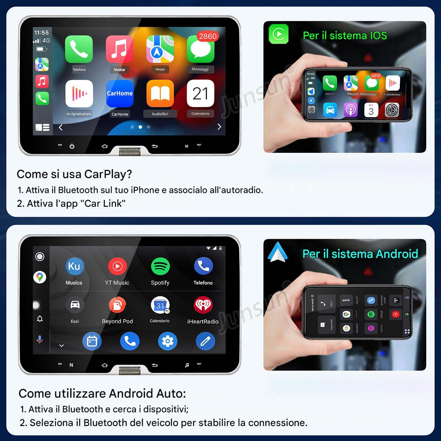 Due infografiche: CarPlay su tablet e smartphone, Android Auto su tablet e smartphone.