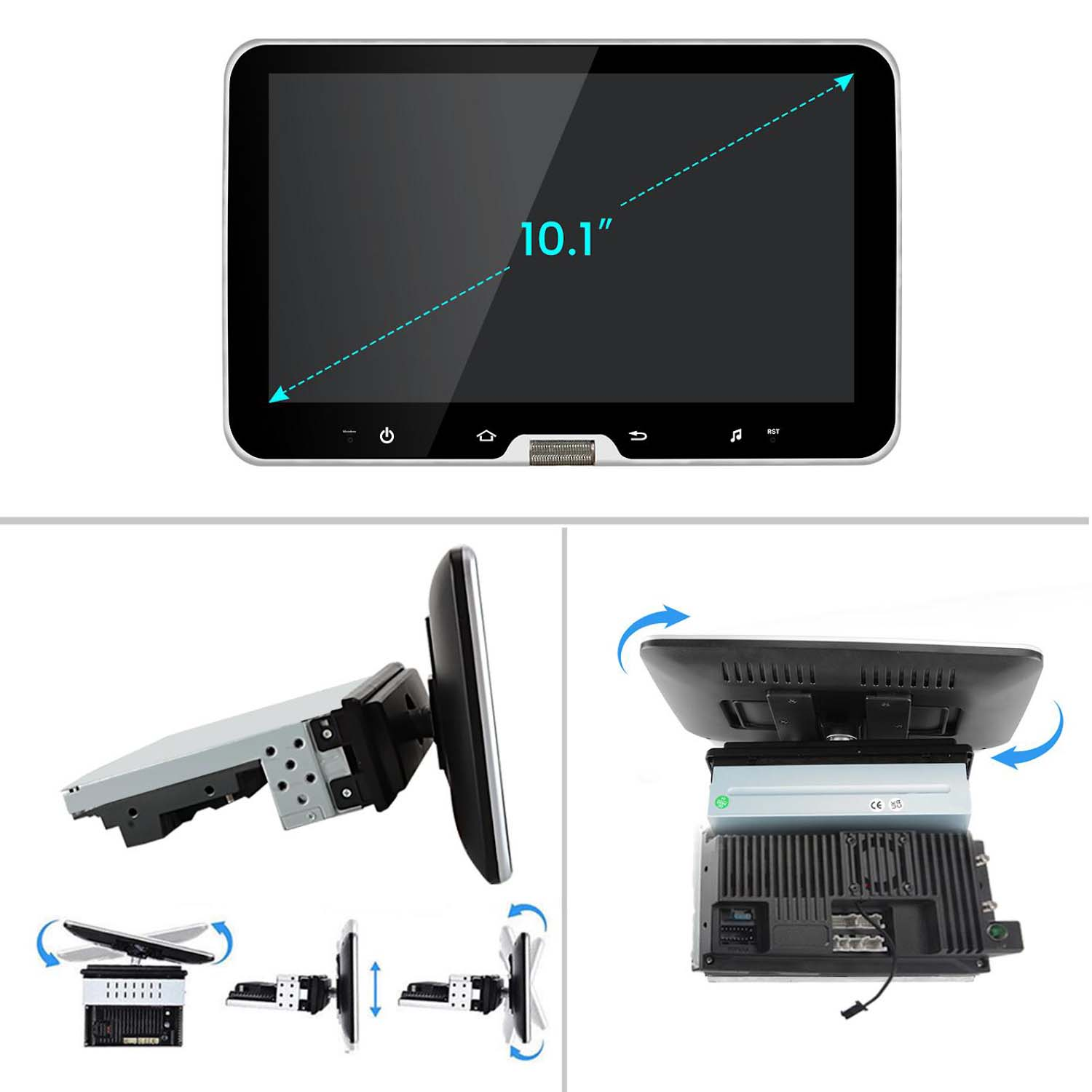 Display touchscreen da 10,1" con pulsanti e viste posteriori e laterali.