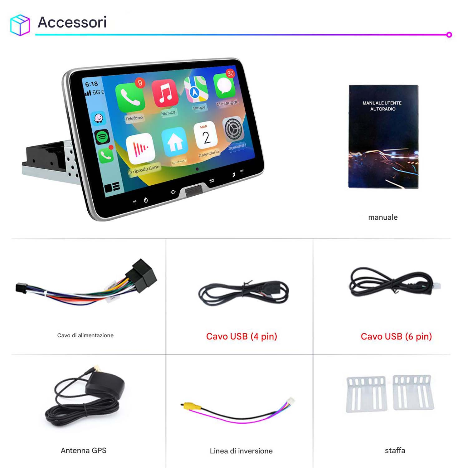 Display autoradio con app, porta di ricarica, cavo di alimentazione, cavi USB, antenna GPS, cavo telecamera retromarcia e staffe.