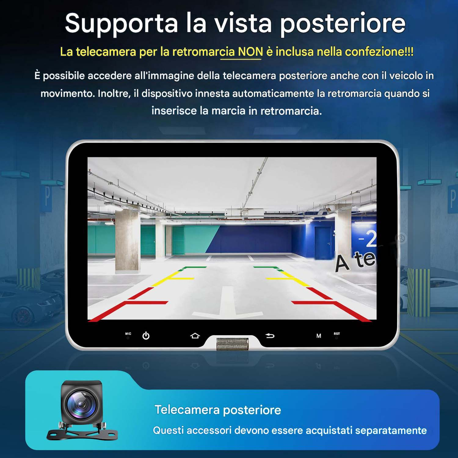 Schermo telecamera retromarcia su tablet in parcheggio, con icona telecamera.