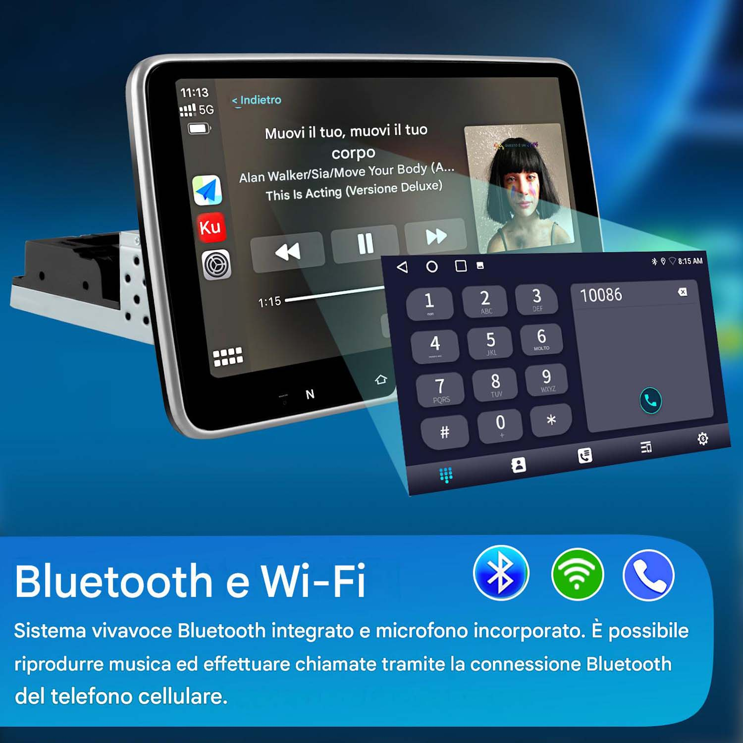 Un autoradio touchscreen mostra musica e un tastierino. Sotto ci sono icone Bluetooth e Wi-Fi.