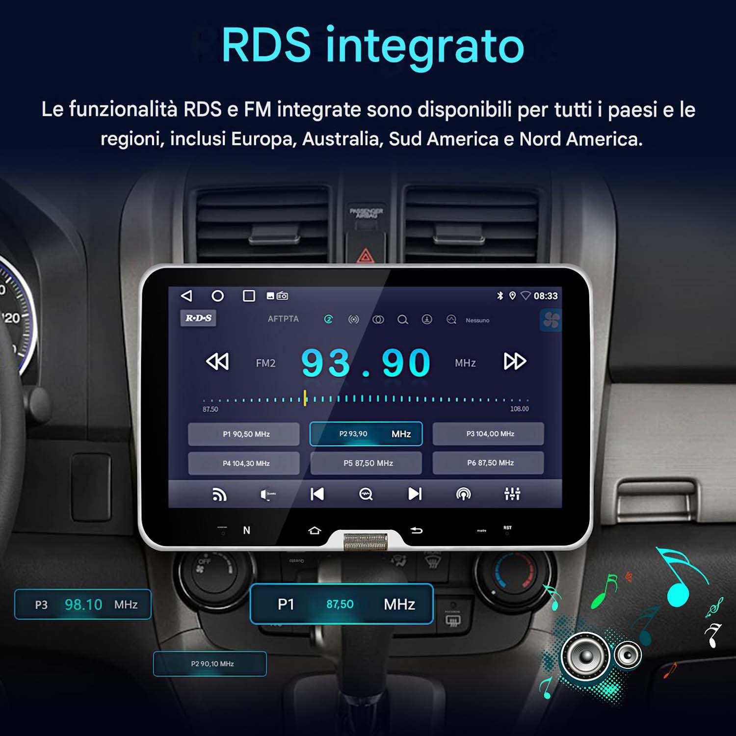 Un touchscreen per autoradio mostra 93.90 MHz FM2. Diverse stazioni salvate.