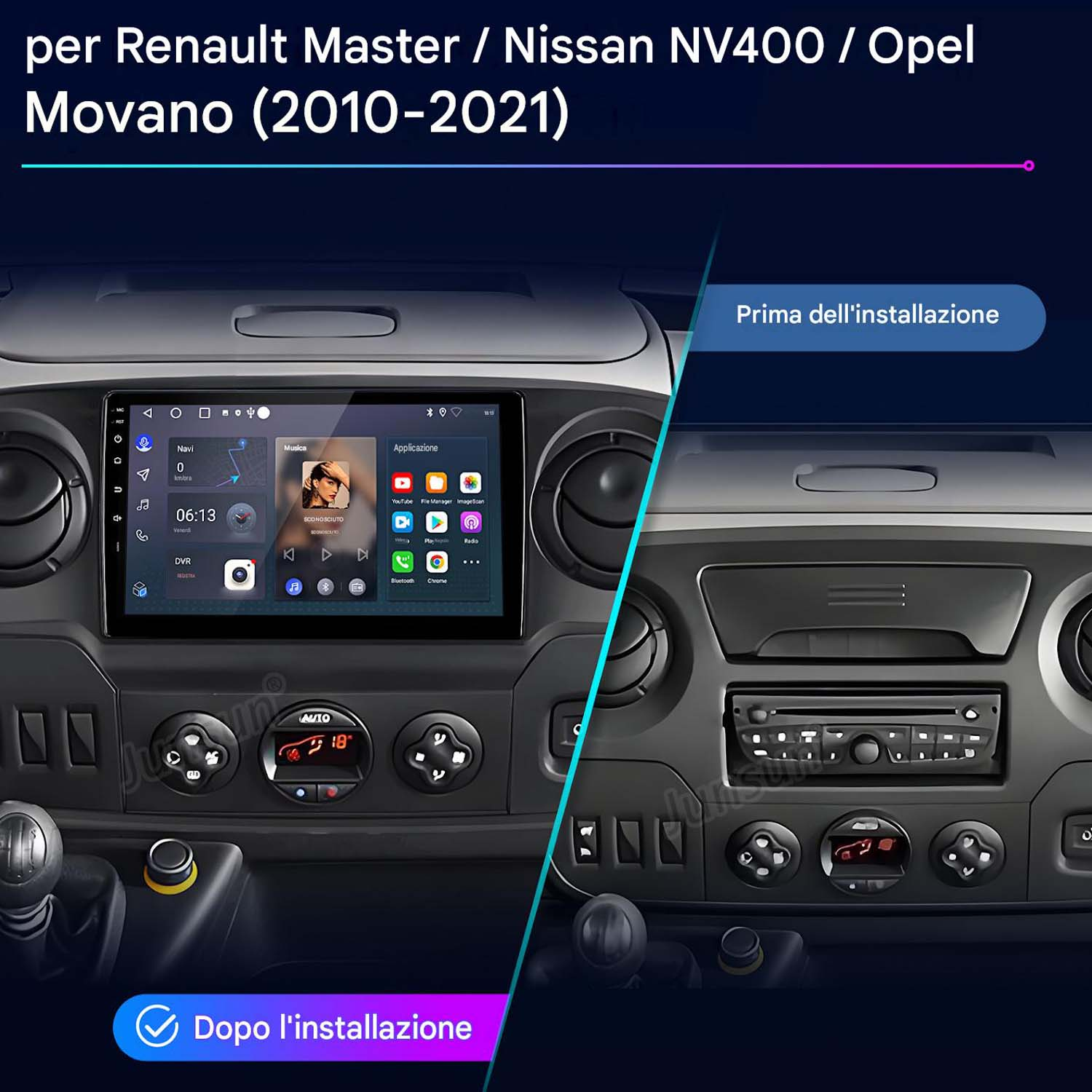 Confronto cruscotto auto prima e dopo installazione sistema infotainment.