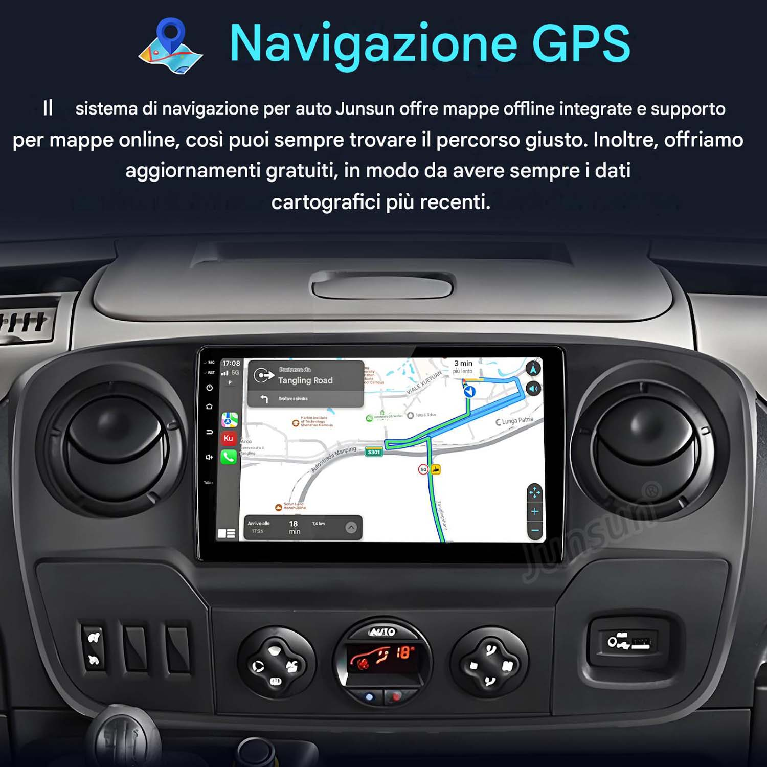 Cruscotto auto con schermo di navigazione GPS che mostra una mappa.
