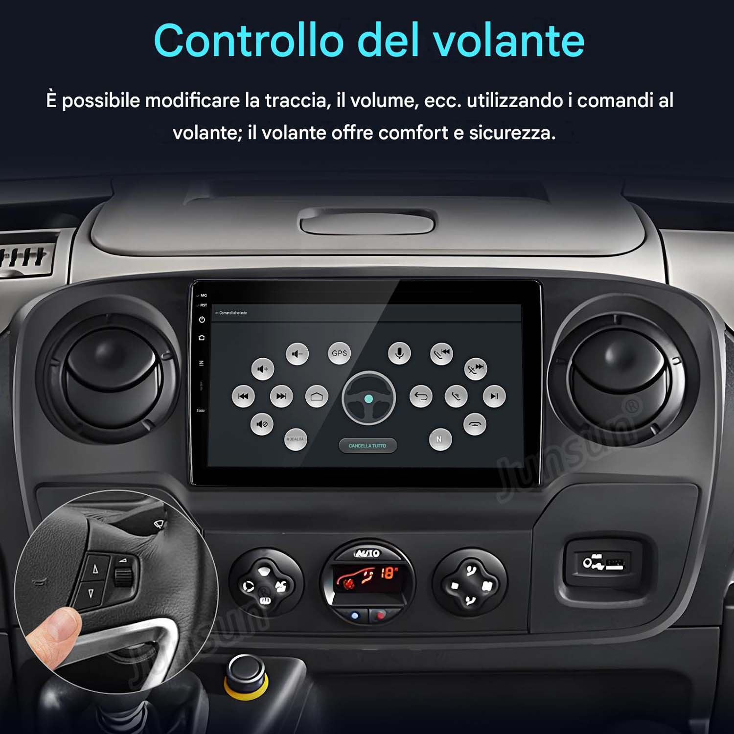 Un touchscreen mostra comandi al volante. Una mano aziona i pulsanti sul volante.