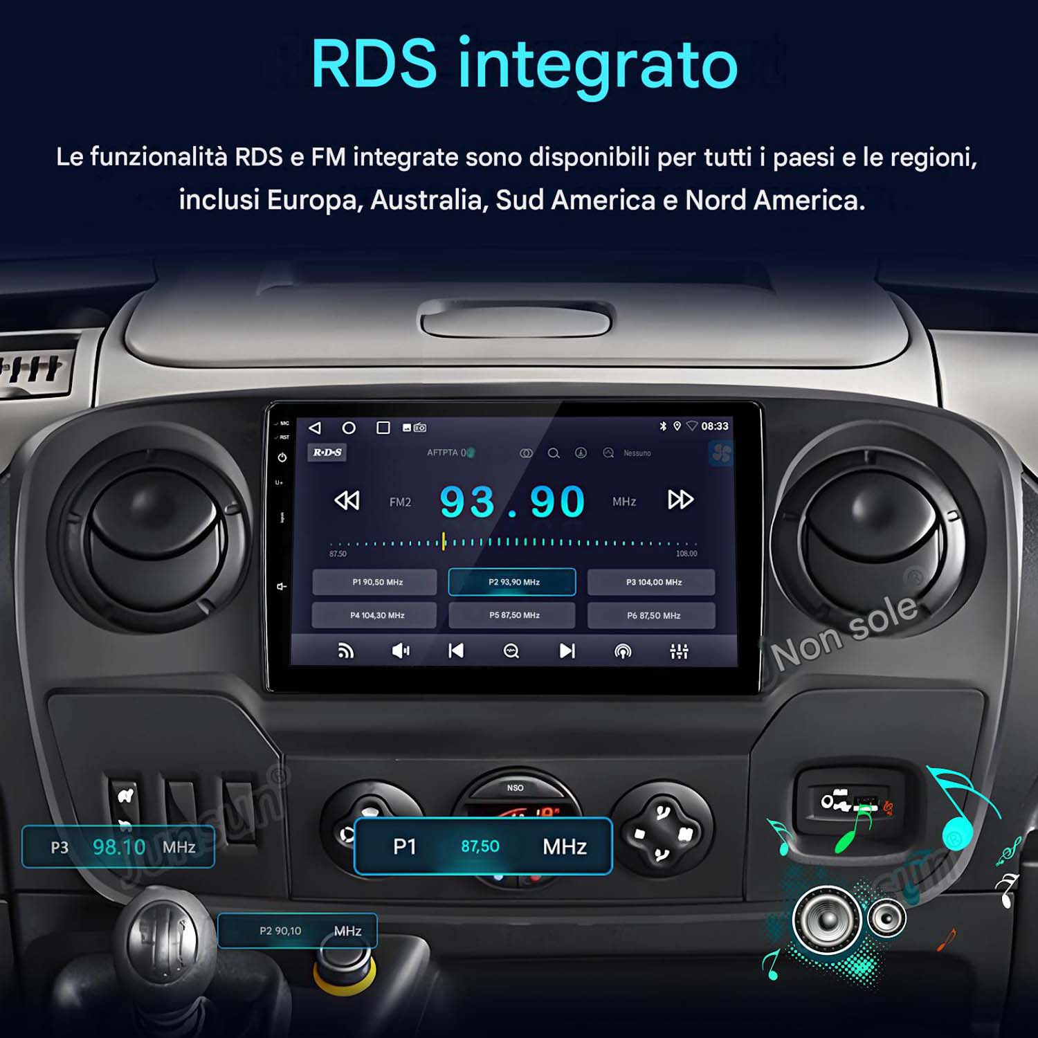 Schermo autoradio mostra funzioni RDS e FM con frequenze.