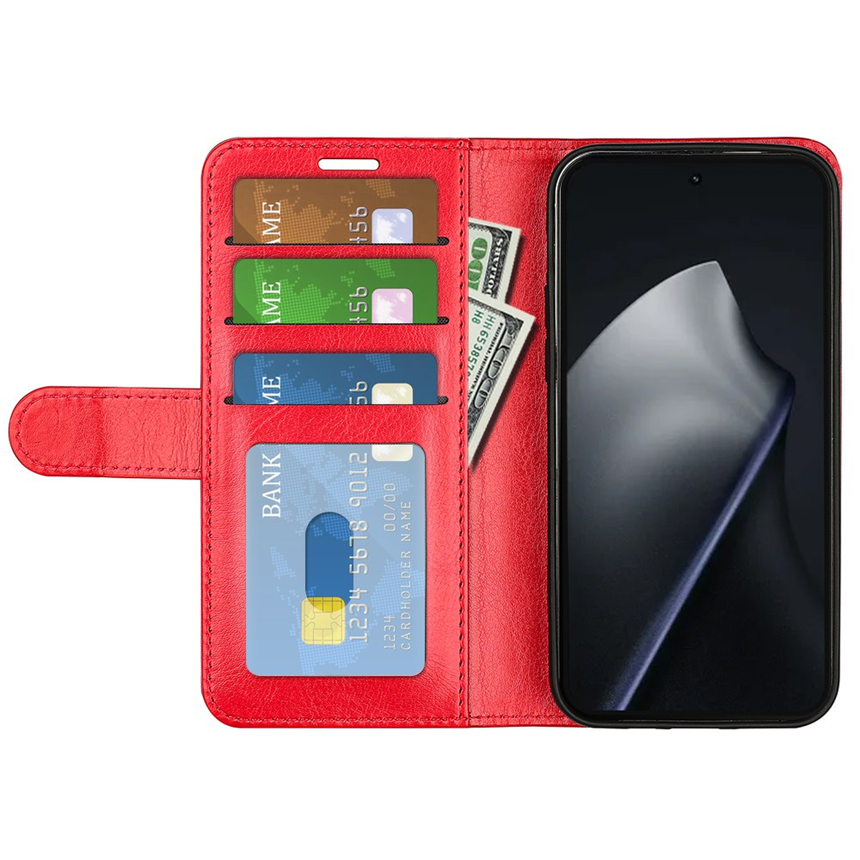 A red leather wallet case for a smartphone, with slots for cards and cash.