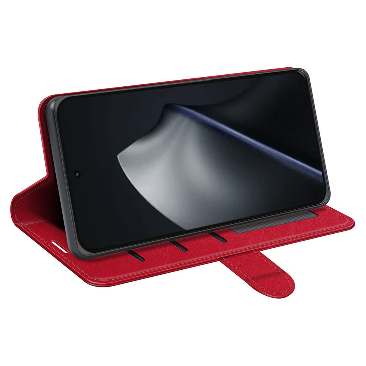 Red flip phone case with a black smartphone inside. White background.