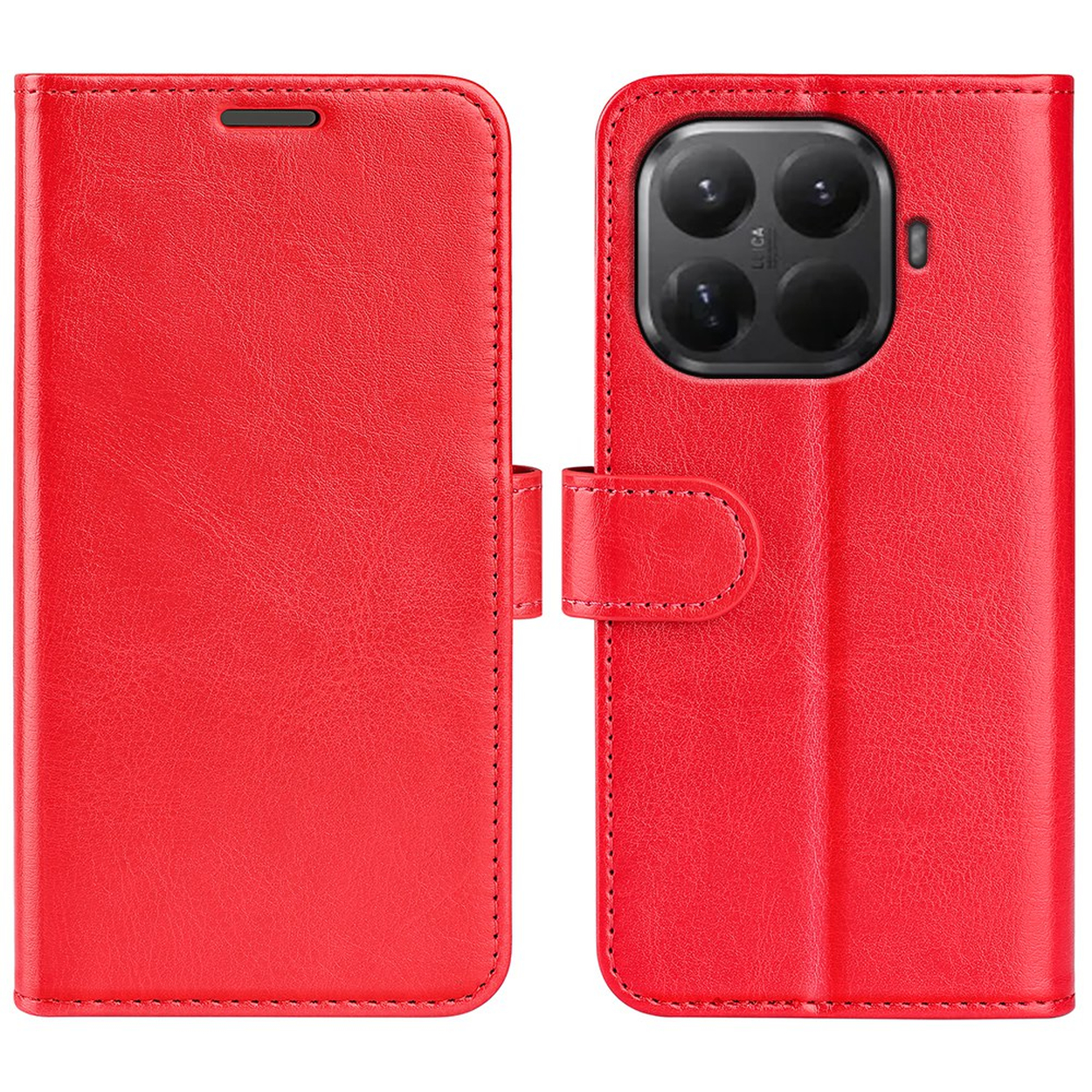 Red leather smartphone case, open showing camera module and inner flap.
