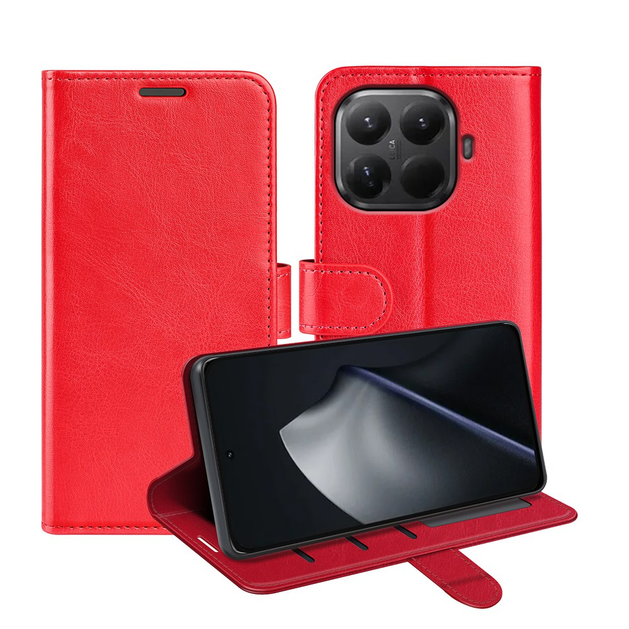 Red flip phone case with camera view, showing a smartphone inside.