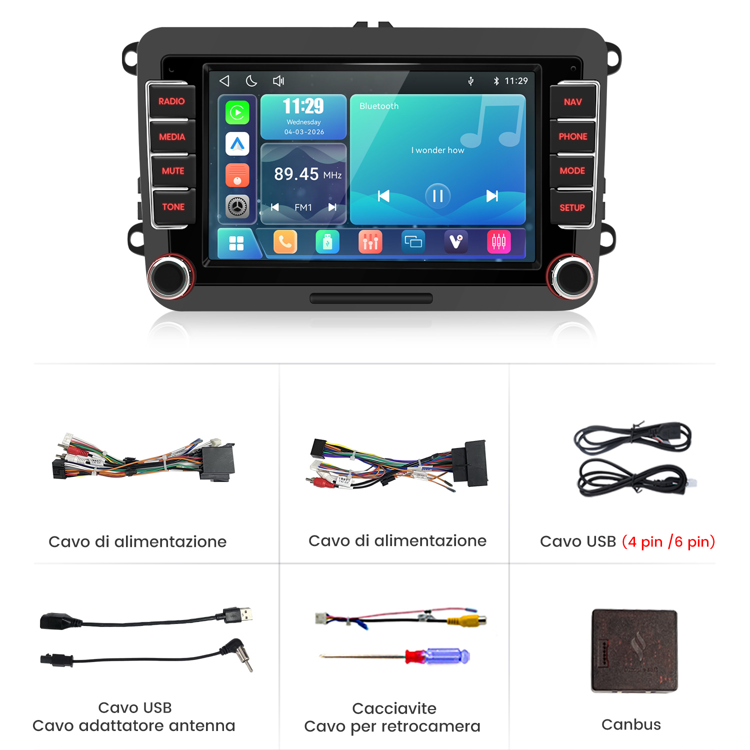 Autoradio con cavi, cavi USB, cacciavite e scatola Canbus.