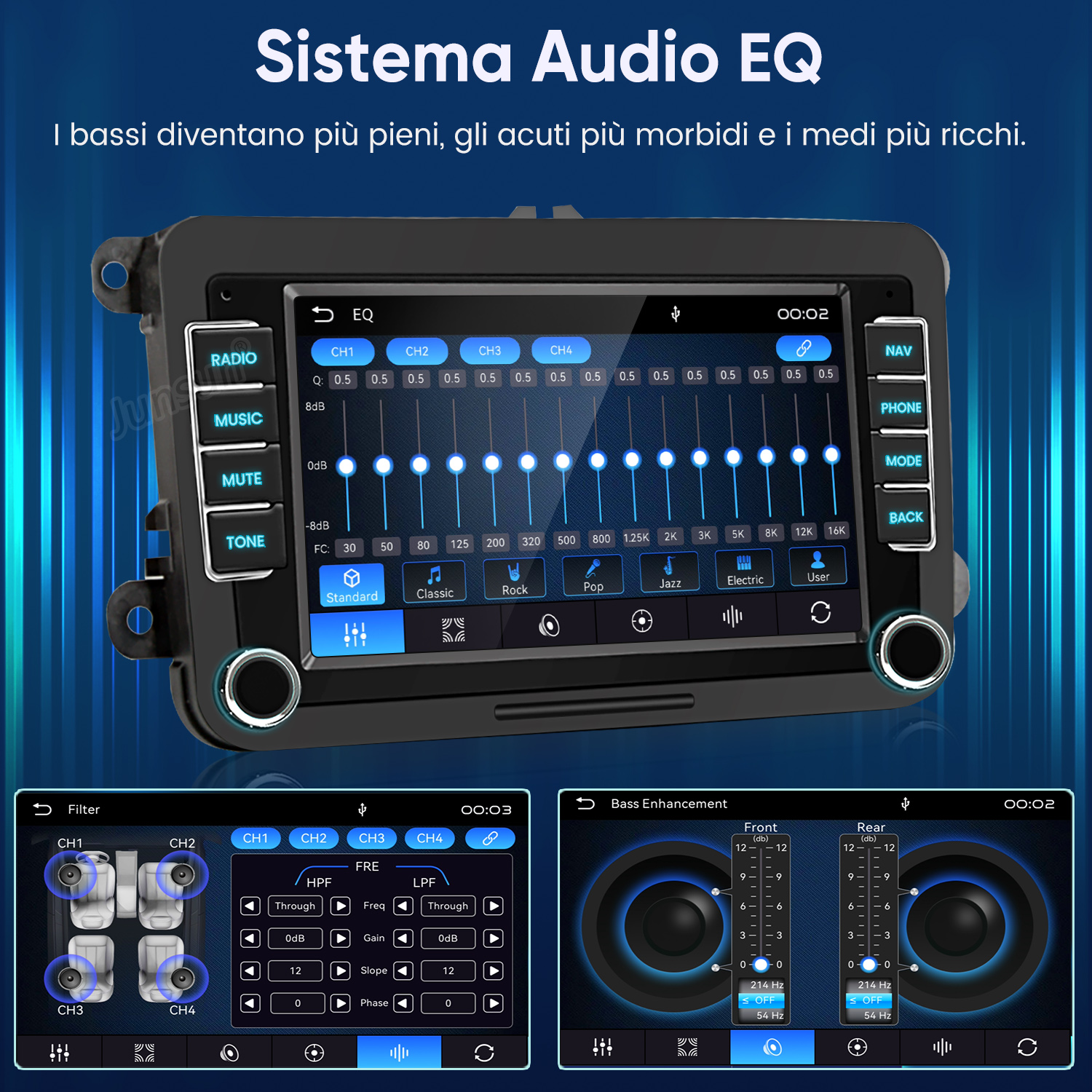 Sistema auto che mostra EQ, filtro e impostazioni di bass boost su schermo.
