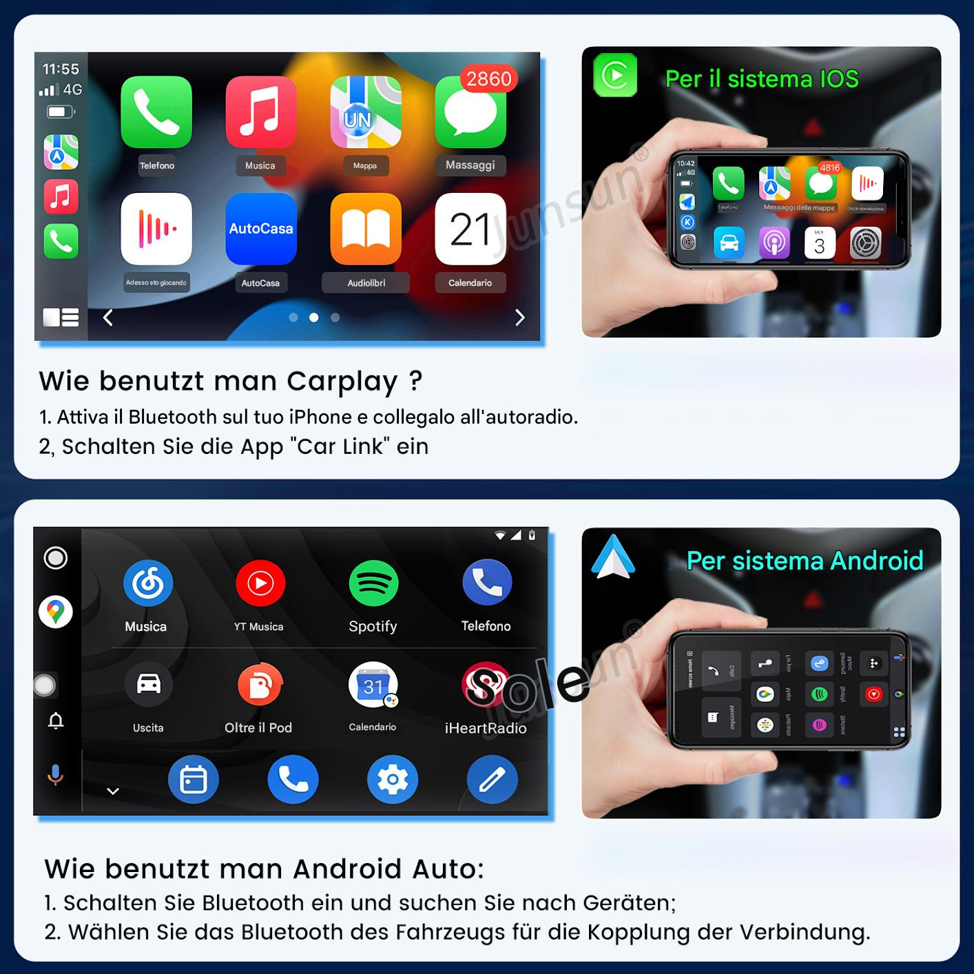 Schermi con app Carplay e Android Auto, e esempi di sistemi.