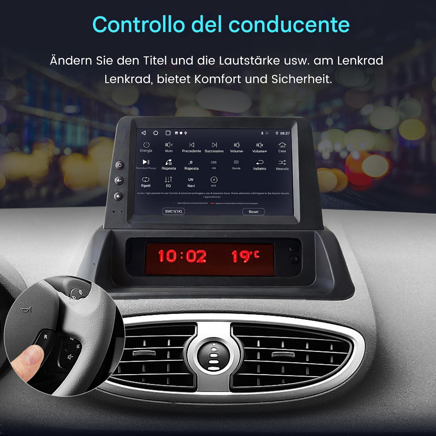 Un sistema di infotainment per auto con comandi al volante e touchscreen.