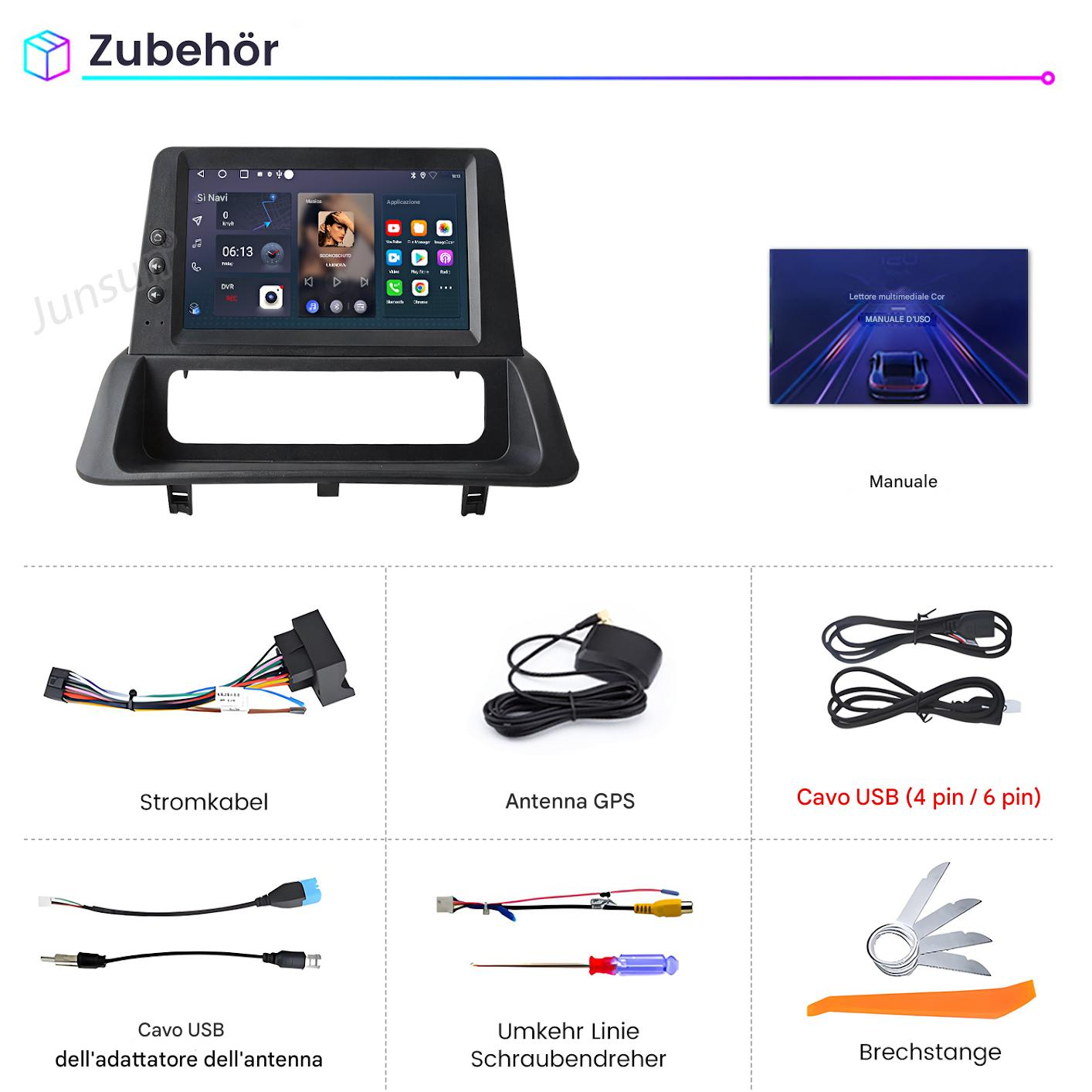 Display autoradio con accessori: cavi, antenna, cavi USB, attrezzi.