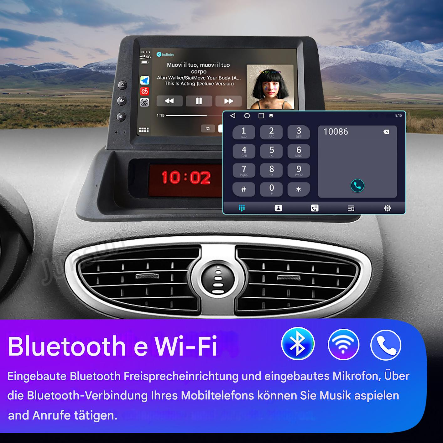 Sistema di infotainment per auto che mostra musica e interfaccia telefonica. Montagne sullo sfondo.