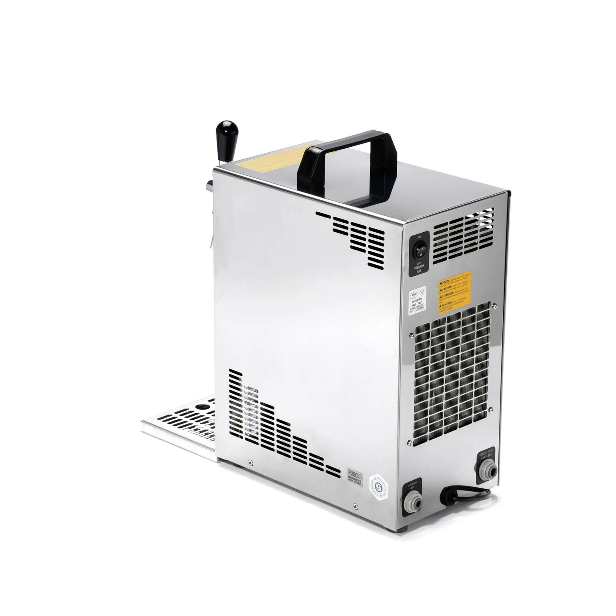 Een zilveren drankkoeler met tapkraan, ventilatiesleuven en connectoren.