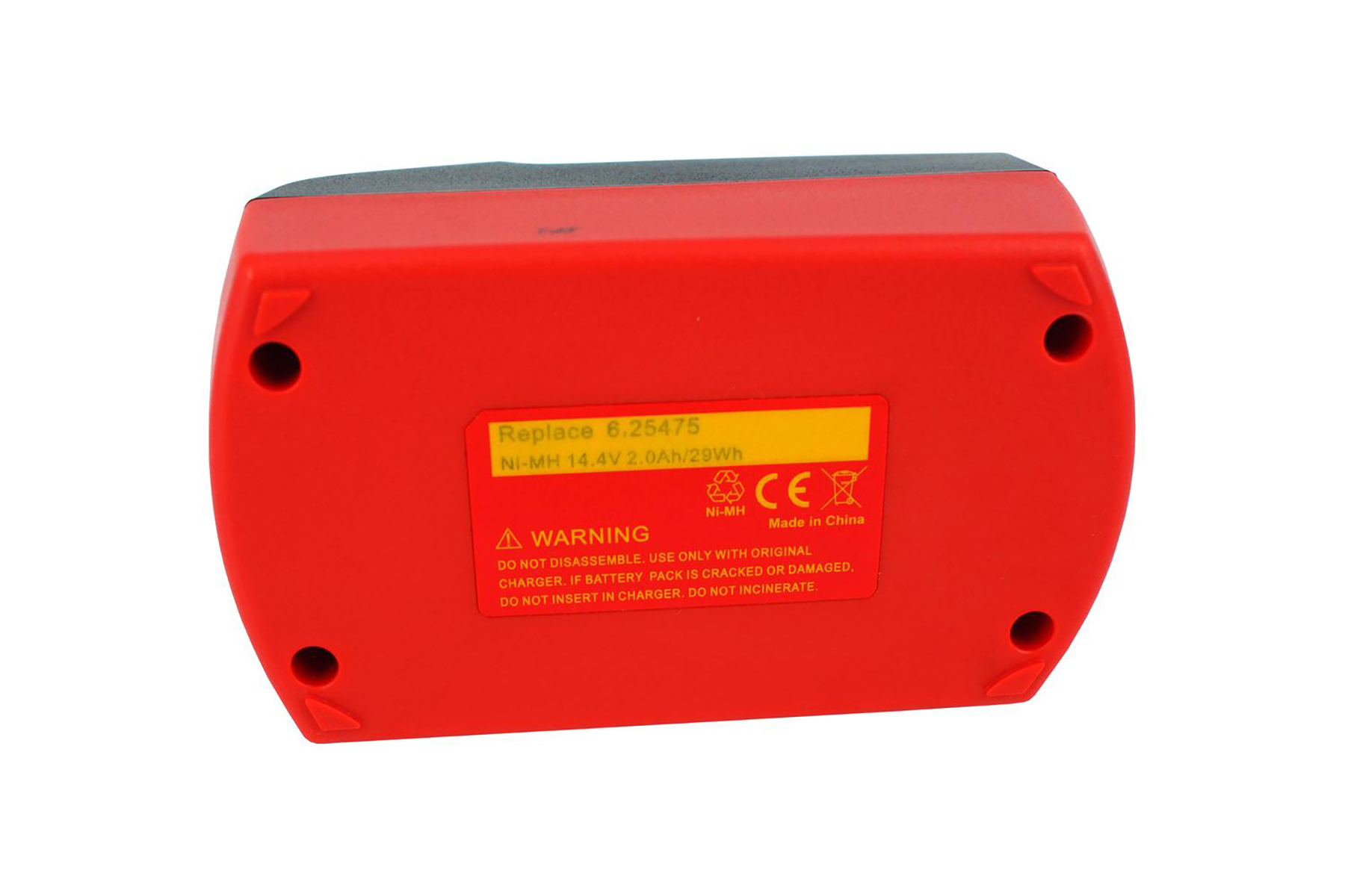 Roter Akku mit gelbem Warnhinweis: Ni-MH 14.4V 2.0Ah/29Wh, CE-Zeichen.