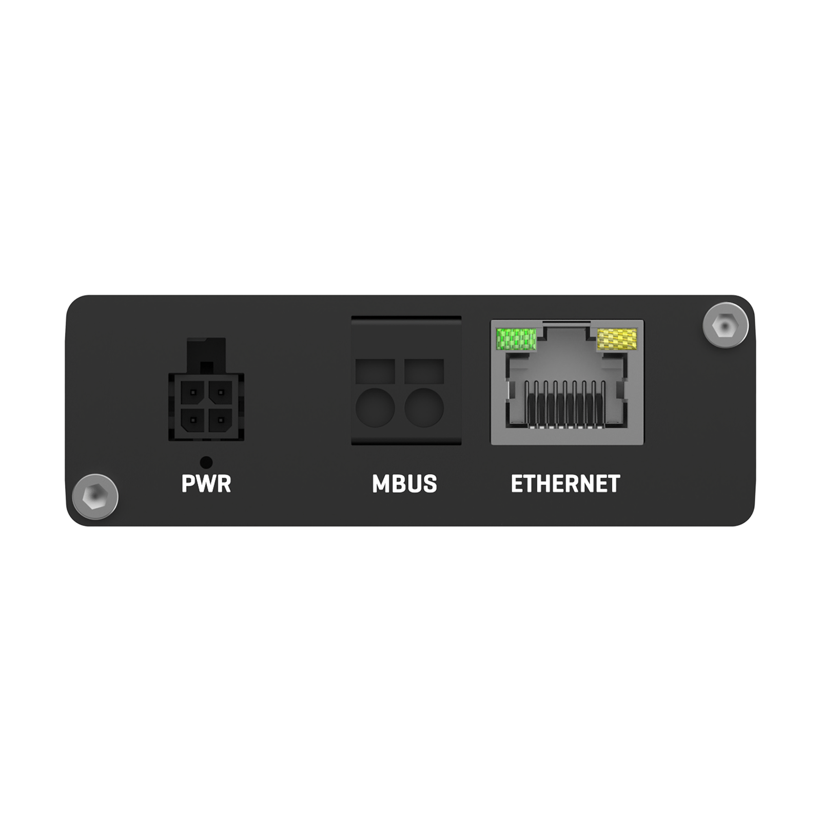 Un case nero con porte PWR, MBUS ed ETHERNET.