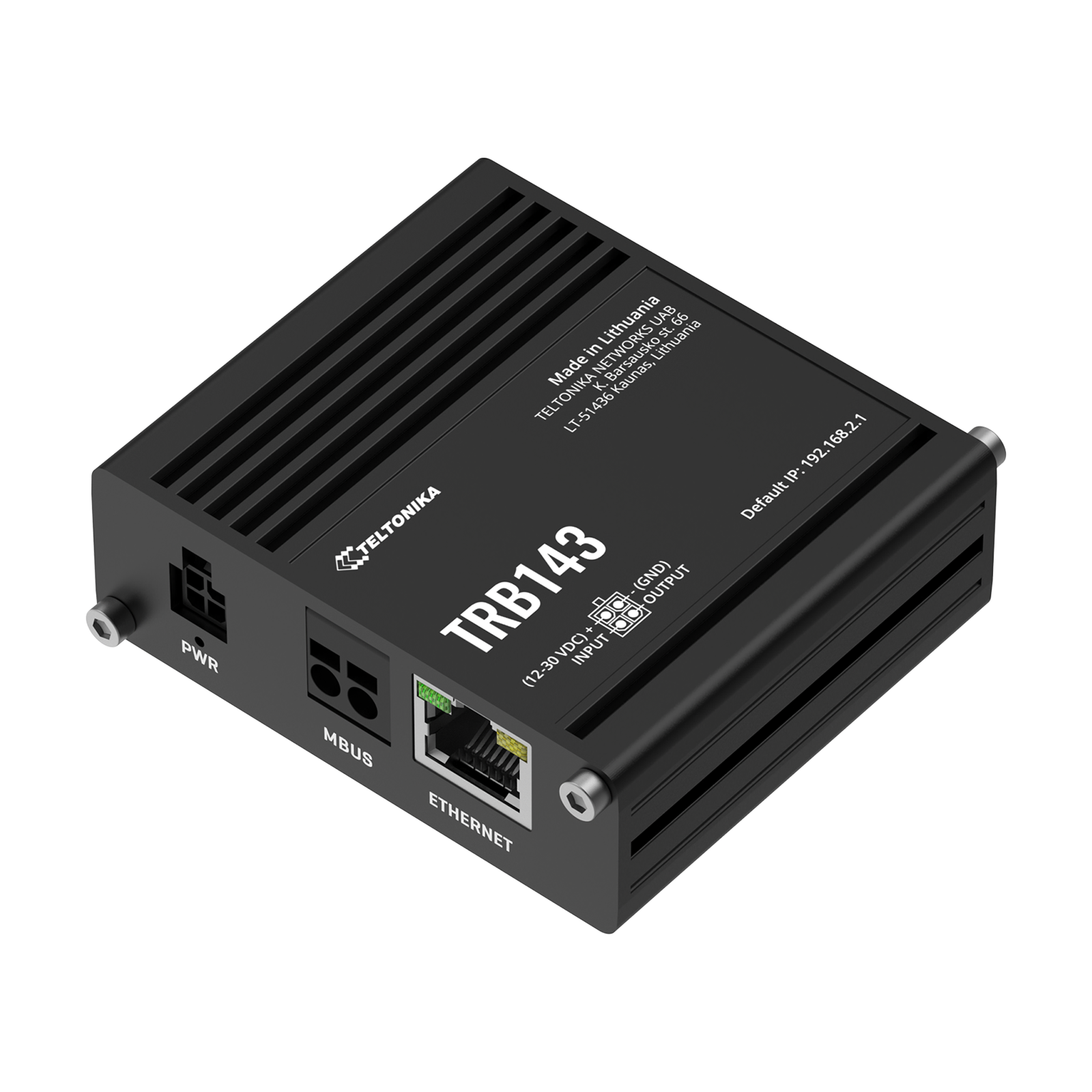 Un router nero Teltonika TRB143 con porte PWR, MBUS ed Ethernet.