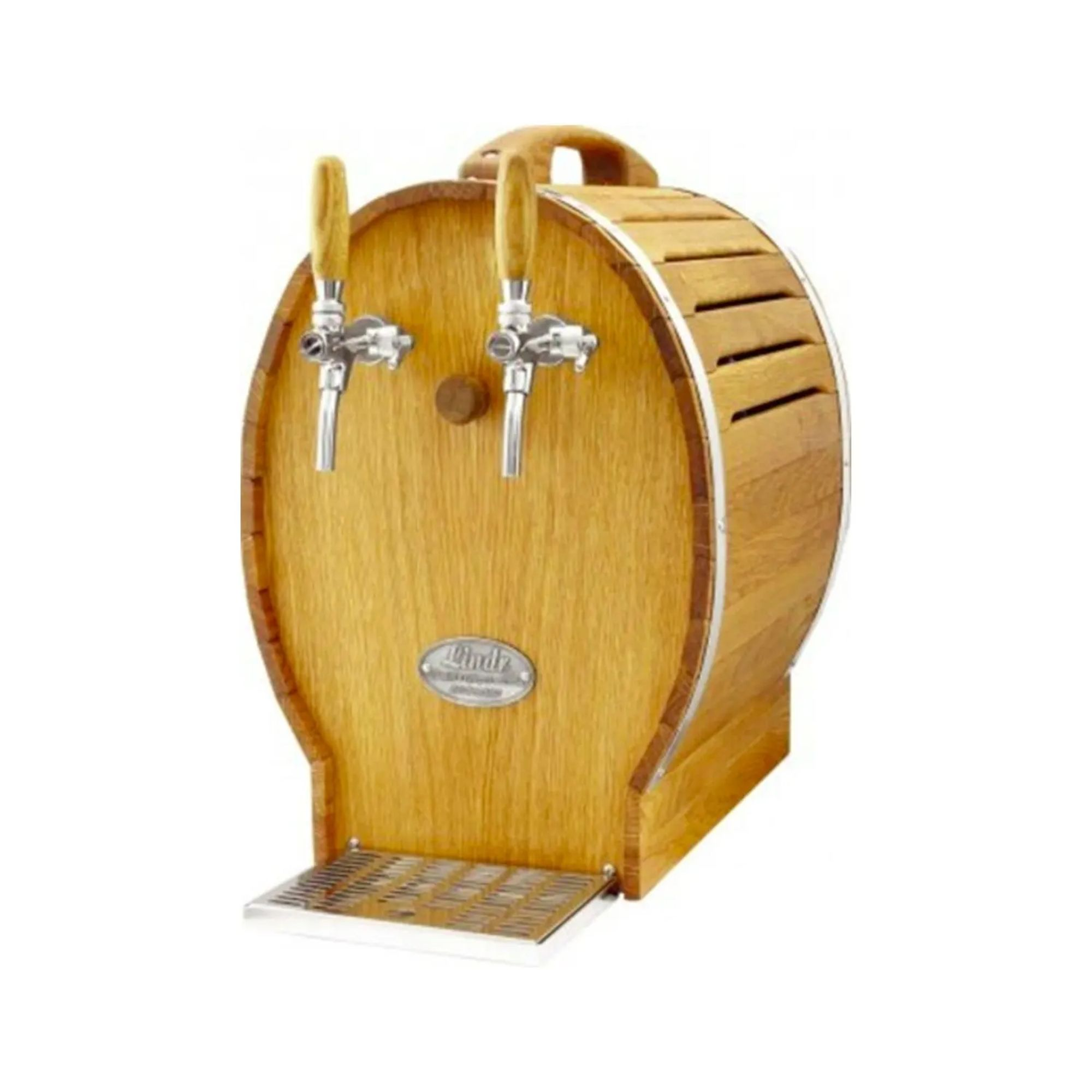 Houten vat bierdispenser met twee kranen en lekbak.
