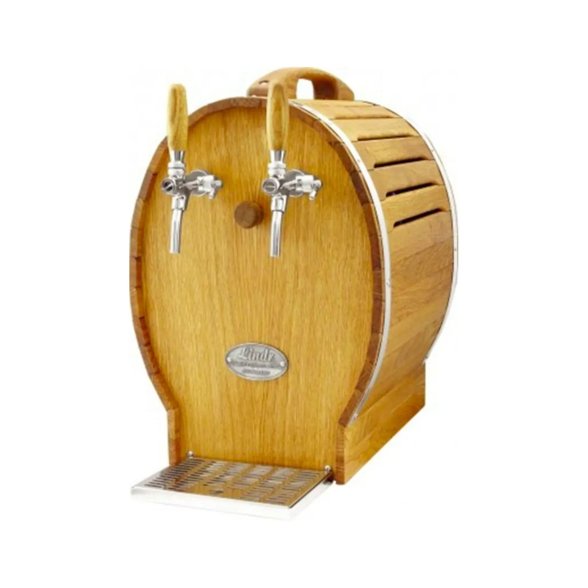 Houten bierdispenser in vatformaat met twee tapkranen en een metalen lekbak.