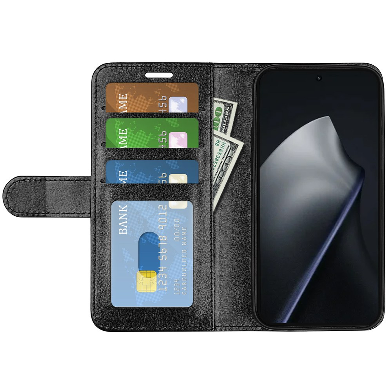 Black phone case with card slots and cash.