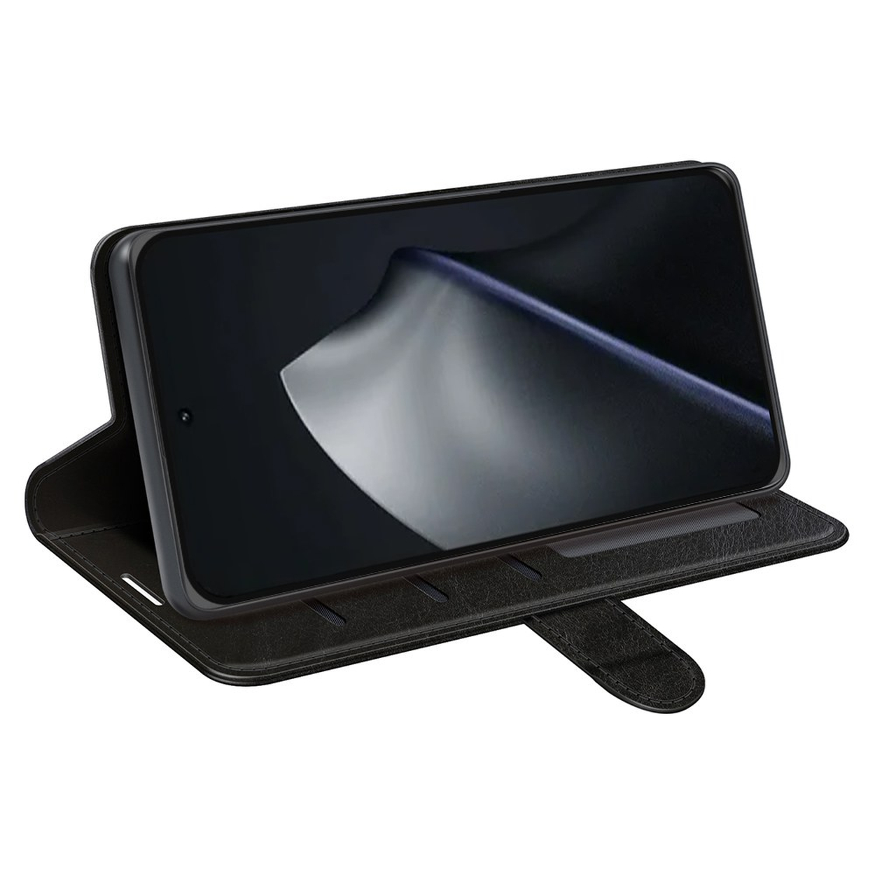 A black smartphone in a black folio case, standing open on a white background.