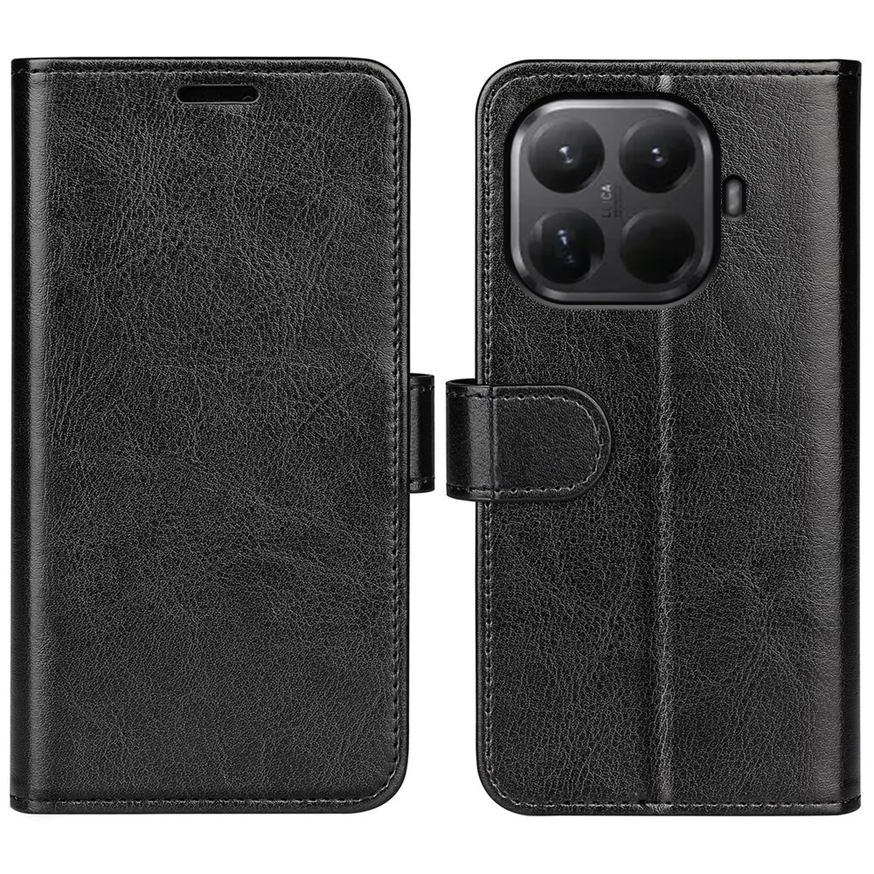 Black leather flip phone case with camera block and strap closure.