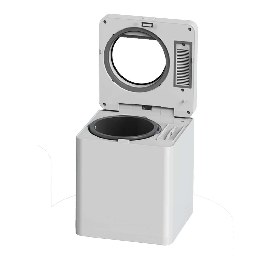 Un cesto per la biancheria bianco con il coperchio aperto, che rivela l'interno.