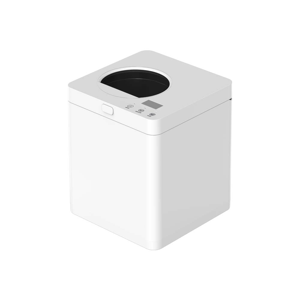 Un cestino bianco a forma di cubo con un'apertura rotonda in alto.