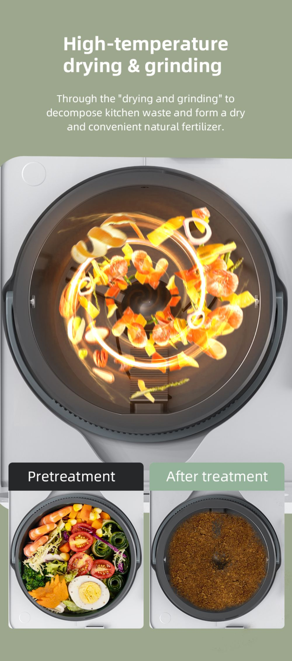 Rifiuti da cucina trasformati: prima e dopo essiccazione e macinazione.