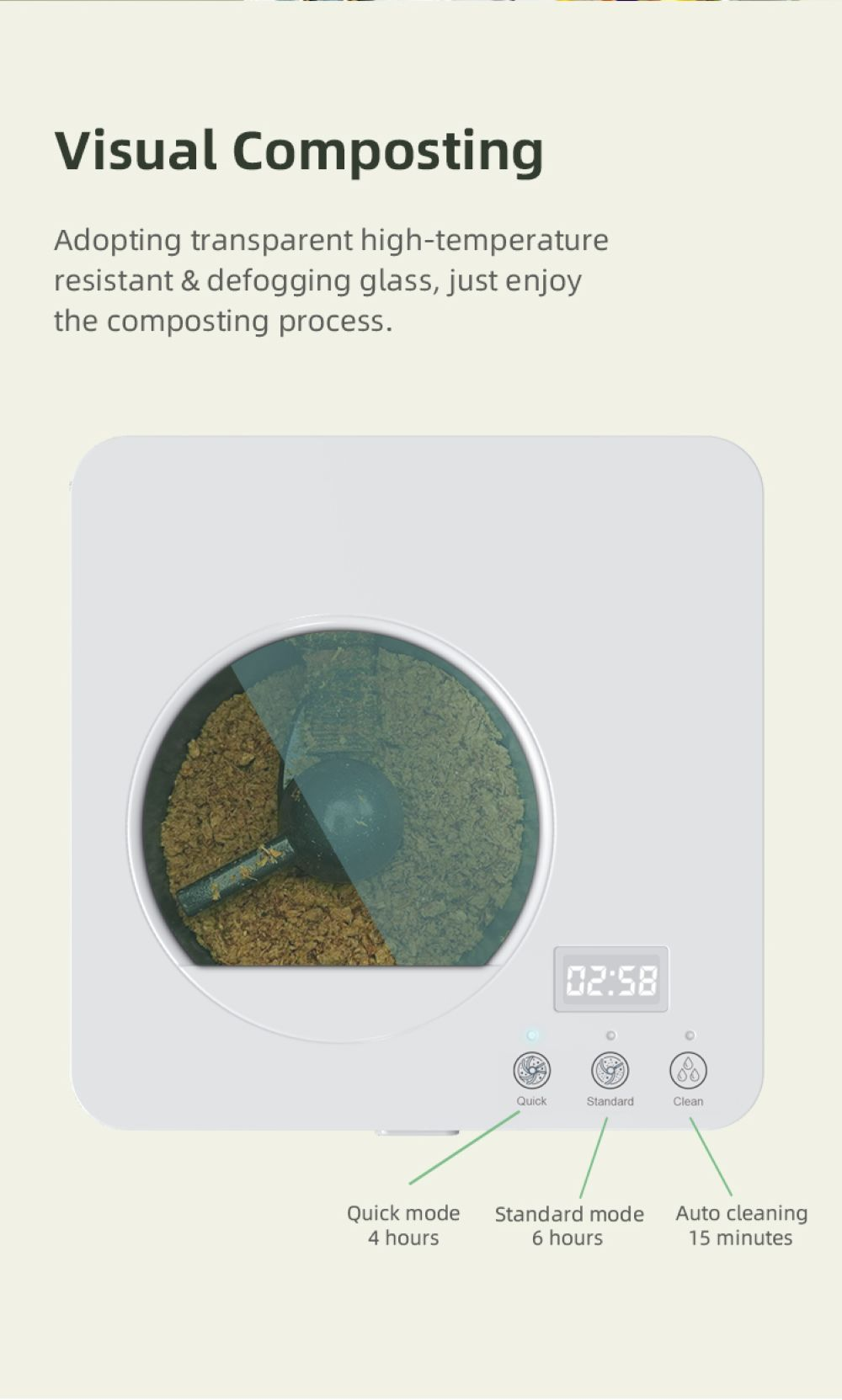 Un compostatore con finestra di visualizzazione e display digitale mostra il processo.
