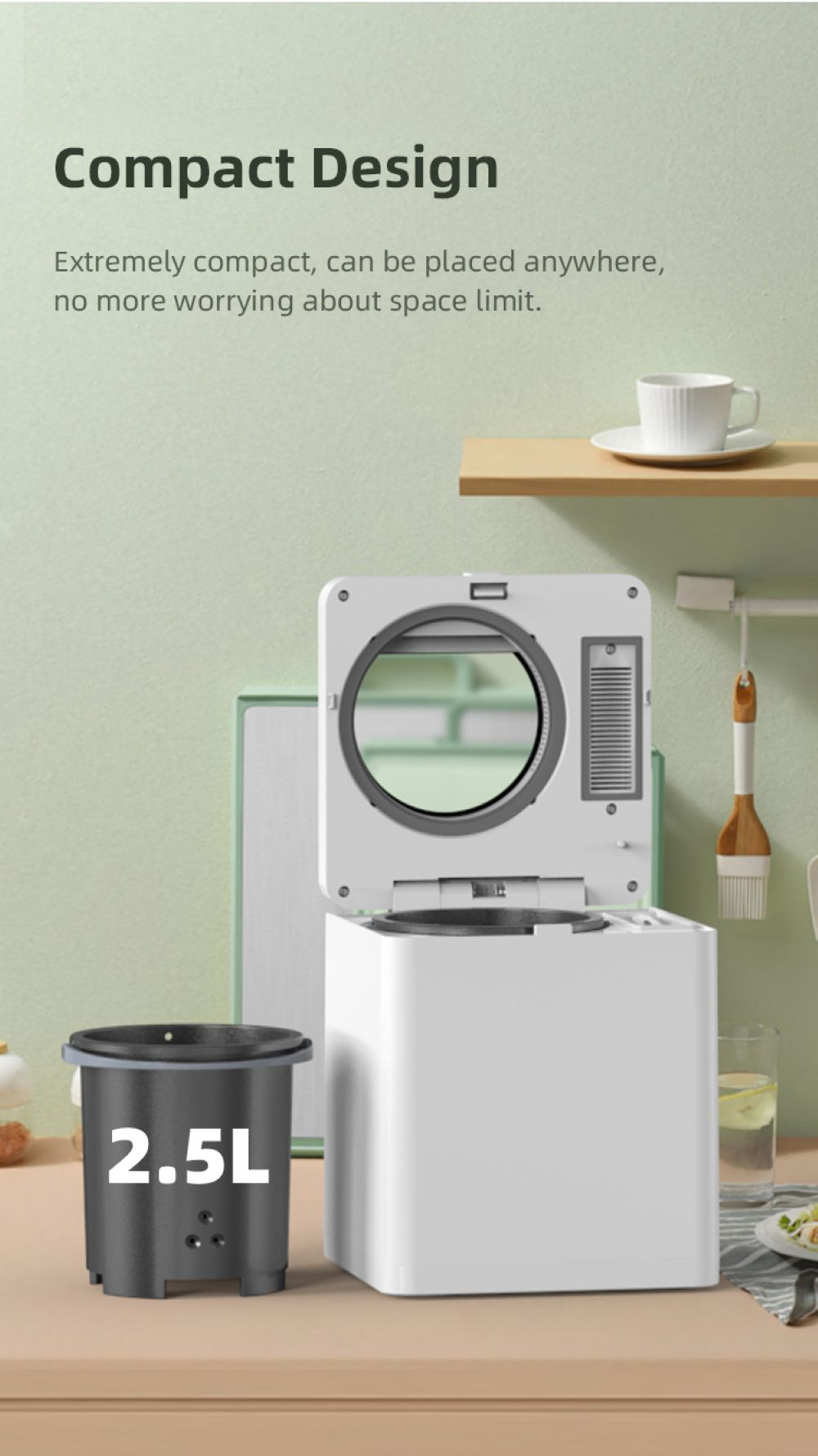 Design compatto: Un contenitore bianco da 2,5L e una macchina aperta.