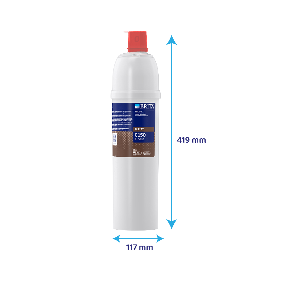 Brita Purity C150 Finest Wasserfilter, 419 mm hoch, 117 mm breit.