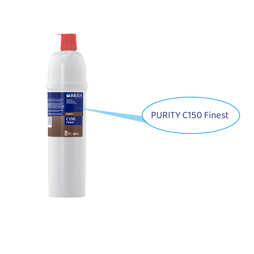 Ein weißer Brita-Wasserfilter mit roter Kappe ist abgebildet. Text lautet 'PURITY C150 Finest'.