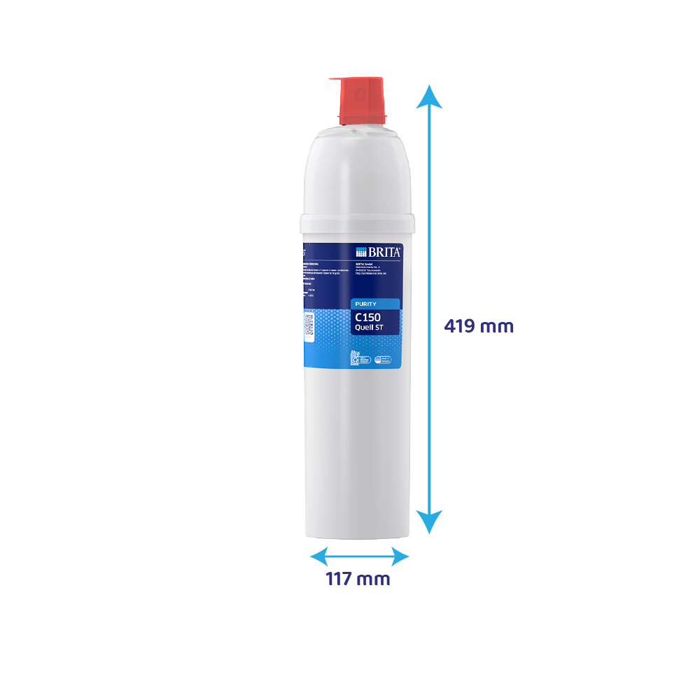 Filtro acqua Brita bianco con tappo rosso, altezza 419 mm, larghezza 117 mm.