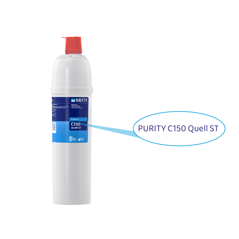 Un filtro acqua Brita bianco con tappo rosso ed etichetta che dice PURITY C150 Quell ST.