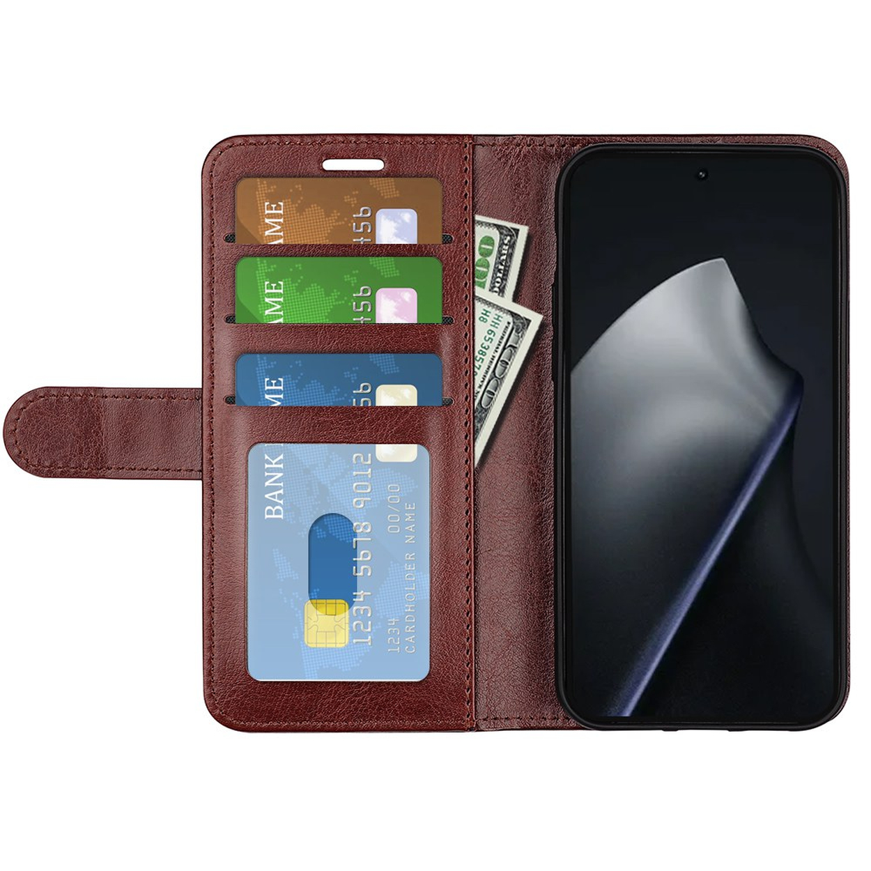 Brown leather phone case with card slots and cash inside.