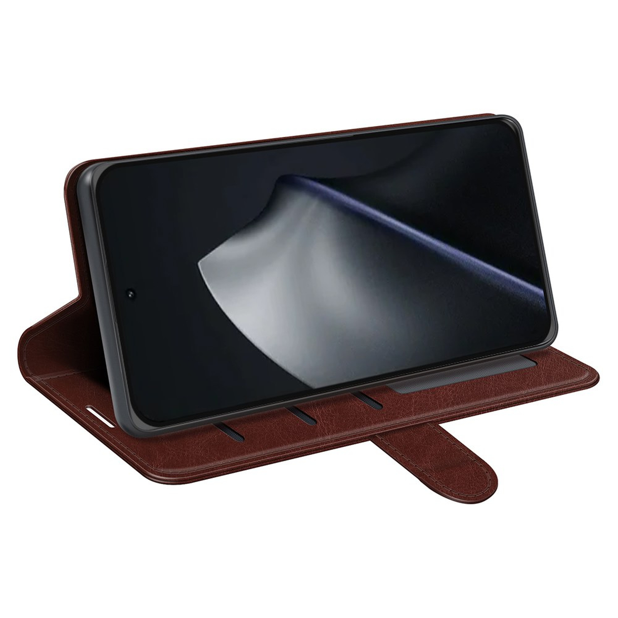 A brown leather flip case displays a smartphone with a dark screen.