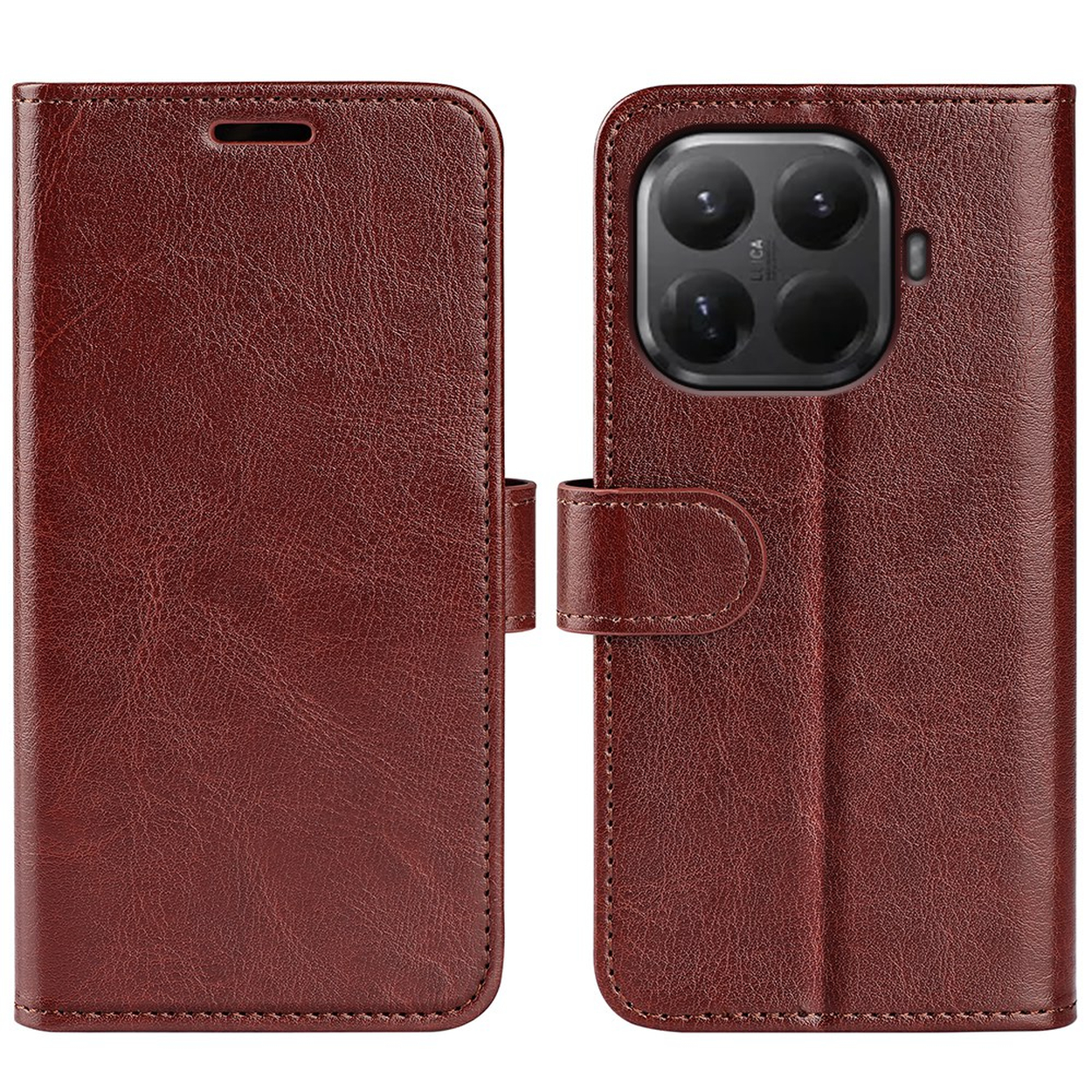 Brown leather phone case, open, with camera cutout on the right side.