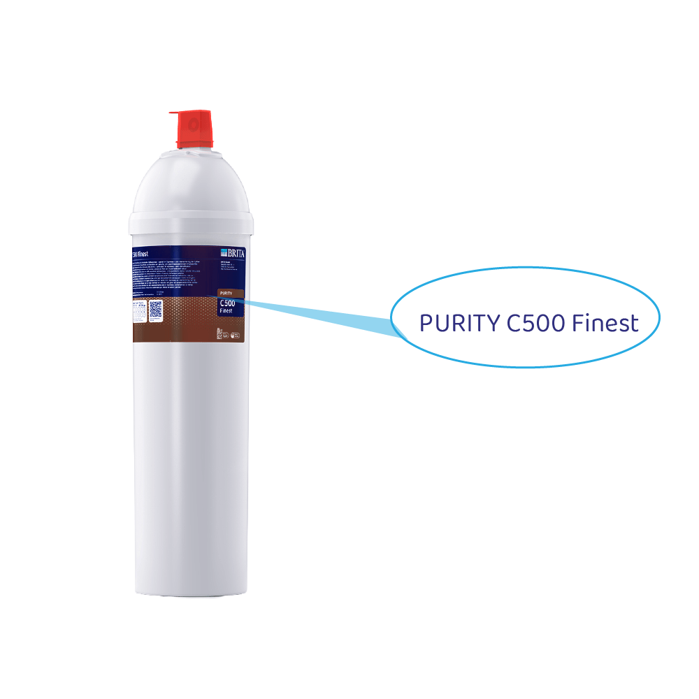 Weißer Brita Wasserfilter mit roter Kappe, beschriftet PURITY C500 Finest.