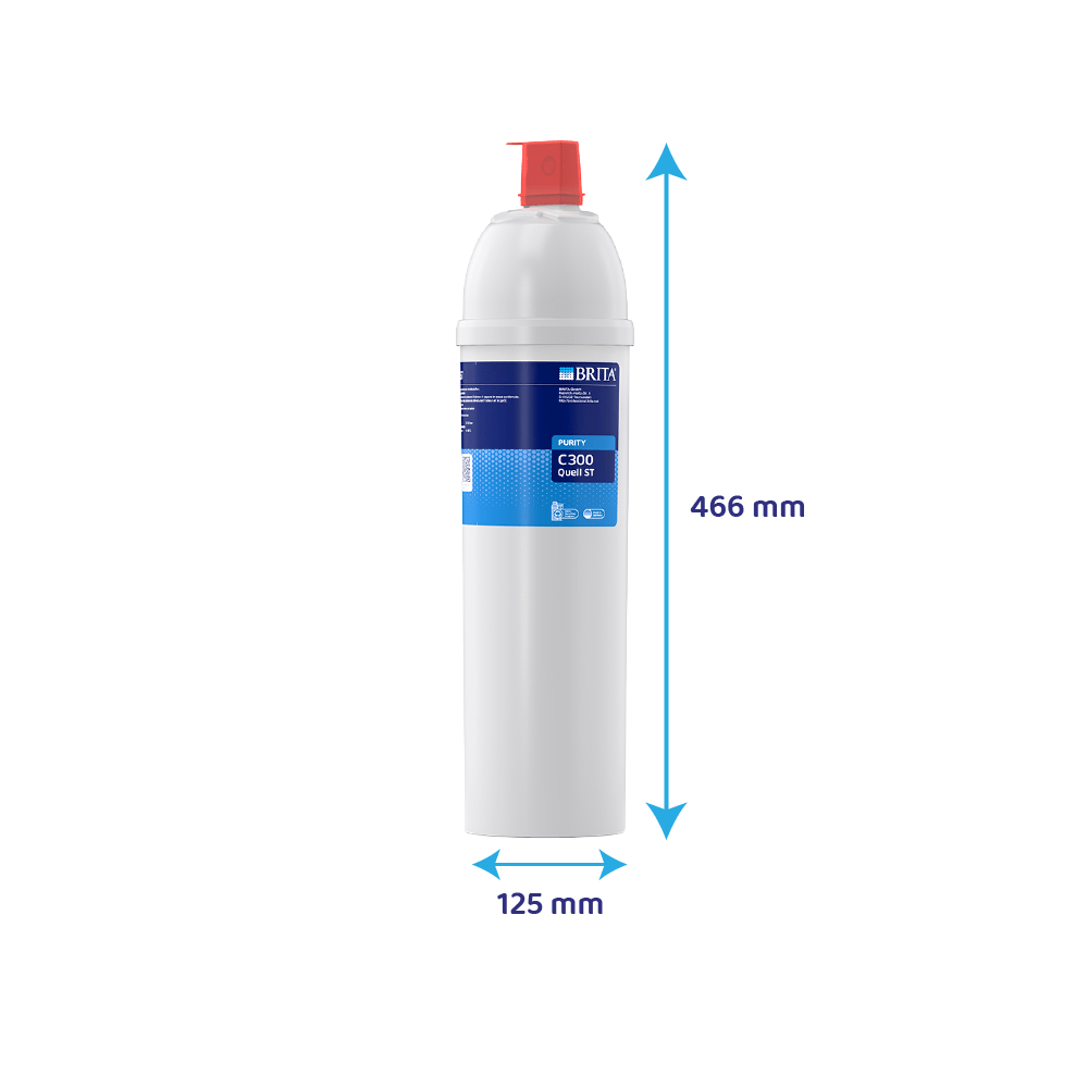Un filtre à eau Brita C300 blanc avec étiquette bleue. Hauteur 466mm, largeur 125mm.
