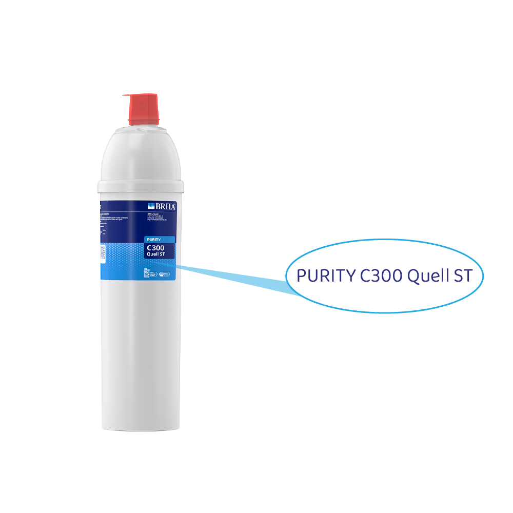 Un filtre à eau Brita C300 Quell ST blanc avec un capuchon rouge et une étiquette bleue.