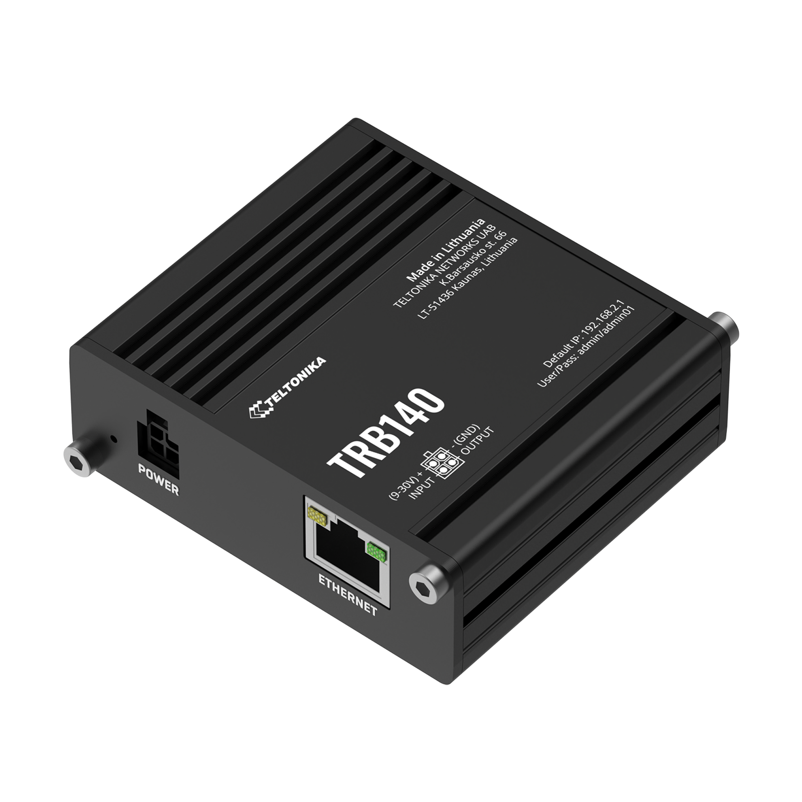 Routeur Teltonika TRB140 noir avec ports Ethernet et d'alimentation.