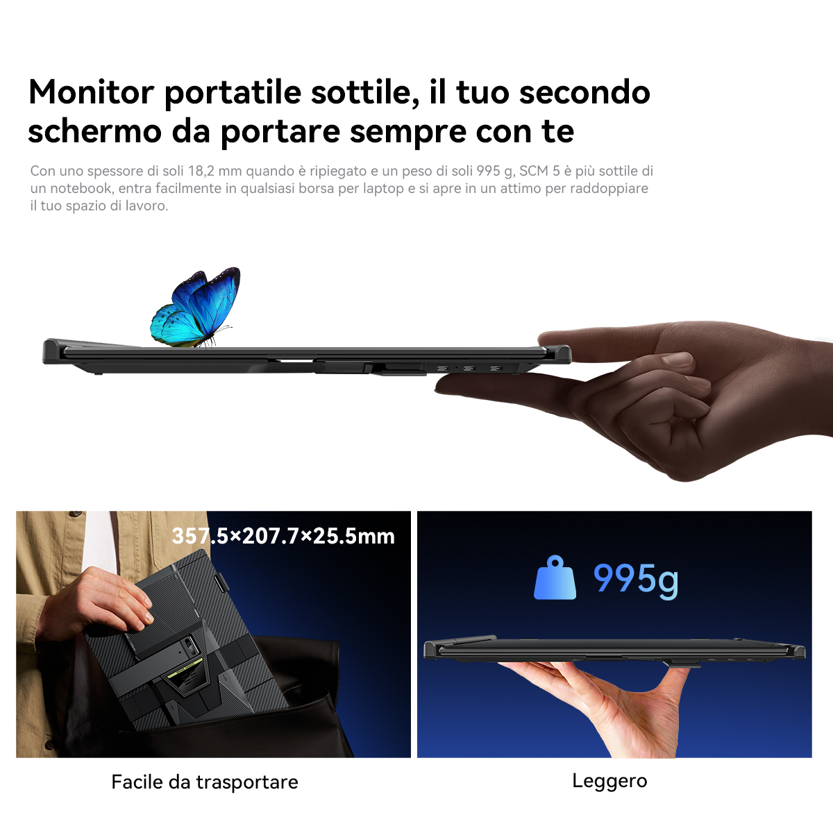 Un monitor portatile sottile tenuto da una mano, con una farfalla blu sopra.